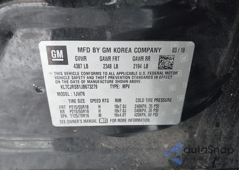 2018 Chevrolet Trax Premier z USA, uszkodzony, nr VIN KL7CJRSB1JB673279